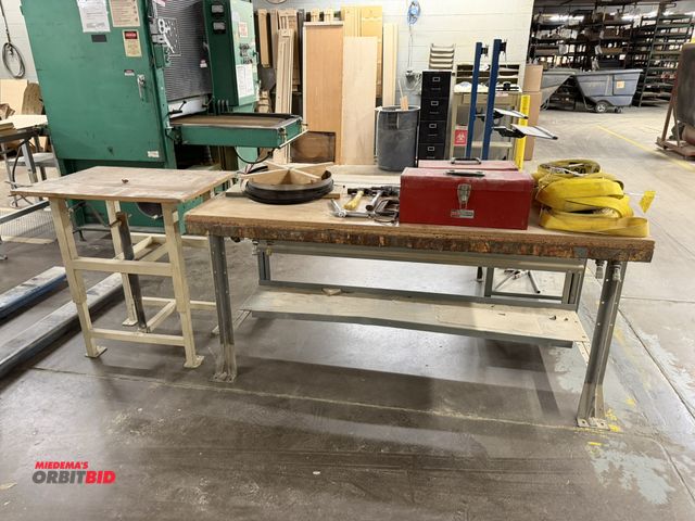 Lot 1-16516 - Contents of steel table, includes (2) tool boxes, (6) ratcheting straps, assorted hand tools, bandin...