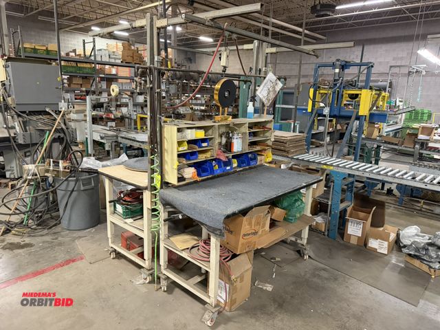 Lot 1-17522 - (2) adjustable height work benches/tables with wood top, 60" x 30", overhead work station with Aero-...