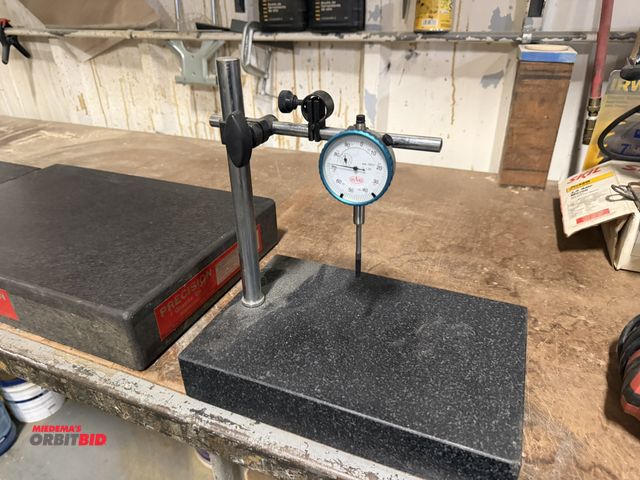 Lot 1-18558 - (1) 12" x 8" x 2" granite surface plate with a Shars dial indicator, height check stand.