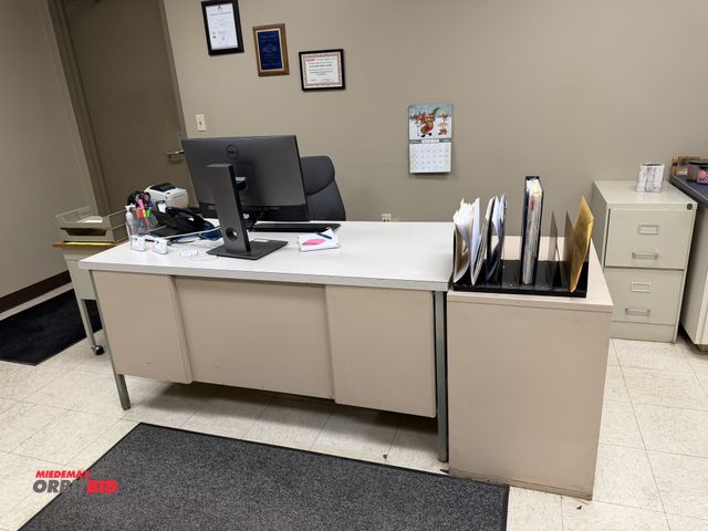 Lot 1-14530 - Lot of office furniture, including (1) 60" width x 28.5" height x 30" depth steel framed desk with F...