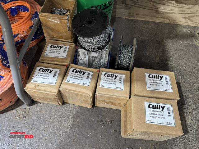 Lot 1-4267 - (7) boxes of Cully #12 Jack chain, 29 lb. working load limit, and partial spools of Jack chain.