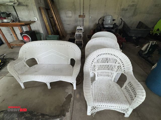 Lot 1-631 - (1) 4-piece white wicker outdoor patio furniture set, (3 chairs and 1 loveseat), paint fading and ch...