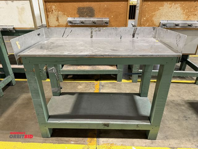 Lot 1-5221 - (1) 48" width x 36" height x 22" depth heavy duty wood framed stand with stainless steel top and 5" ...