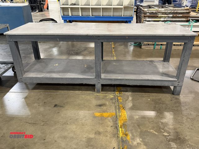 Lot 1-5406 - (1) 8' long x 35.5" height x 30" depth, heavy duty wood framed table lower wood shelf and stainless ...