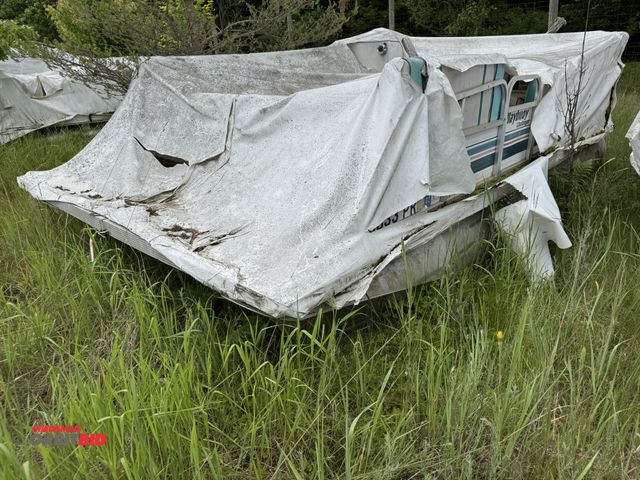 Lot 1-6648 - (1) Playbuoy Challenger approx. 16' pontoon boat, no motor, boat only, severe weather damage, no tra...