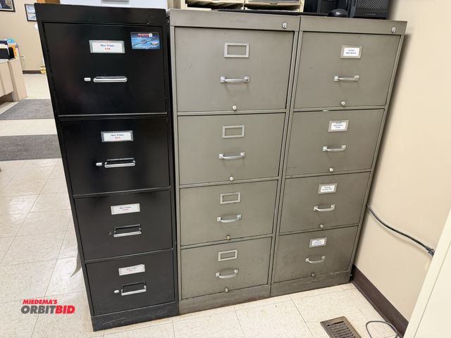 Lot 1-14546 - Lot including (2) 18.5" width x 52" height x 27" depth 4-drawer steel file cabinets, and (1) 15" wid...