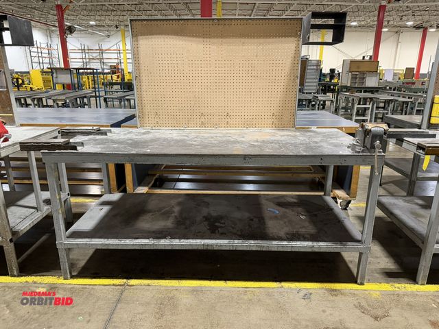Lot 1-5216 - (1) custom built 84.5" length x 37" height x 36" depth heavy duty steel work bench with lower shelf,...