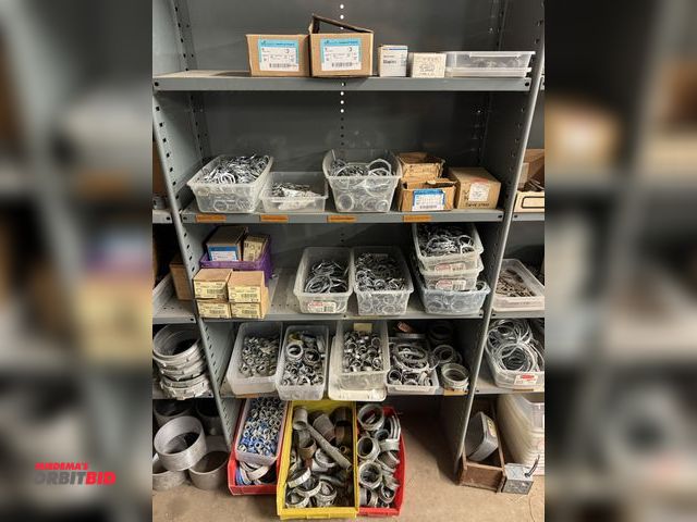 Lot 1-6381 - Contents of (5) shelves, includes a variety of size electrical box lock washers, electrical bushings...