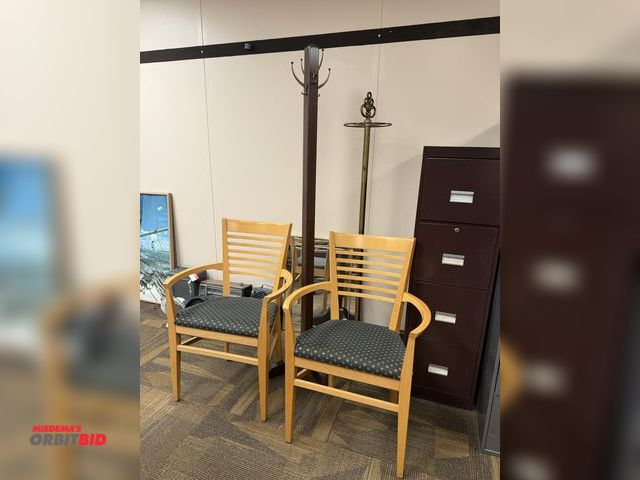 Lot 1-15518 - (2) wooden frame, padded seat office chairs, (2) coat racks, and (1) framed mirror, 22" x 28.5".