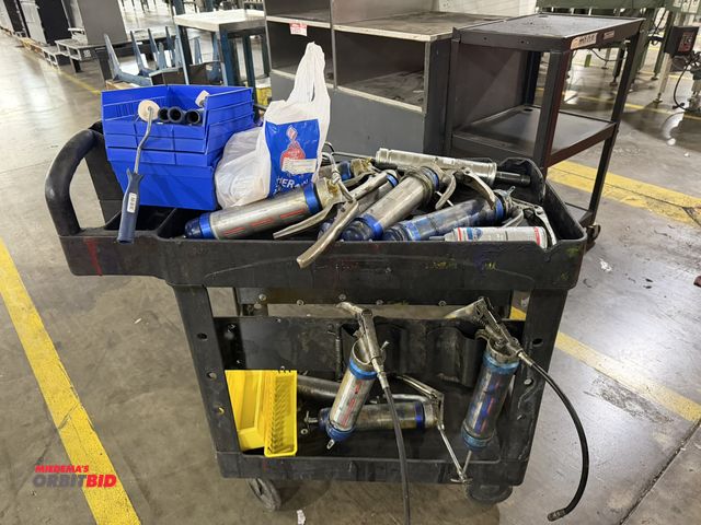 Lot 1-5385 - (1) approx. 38" length x 33" height x 16" depth, resin shop cart with (8) trigger type grease guns, ...