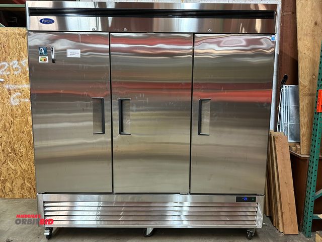 Lot 1-13700 - (1) Atosa, model MBF8508QR, 3-door stainless steel commercial refrigerator (reach-in type), 81" widt...