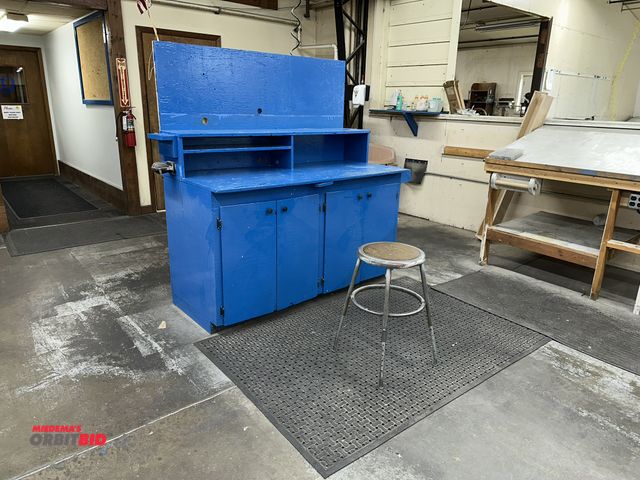 Lot 1-17713 - (1) 25" tall shop stool, and assorted contents, including various spray paints, contact cement, and ...