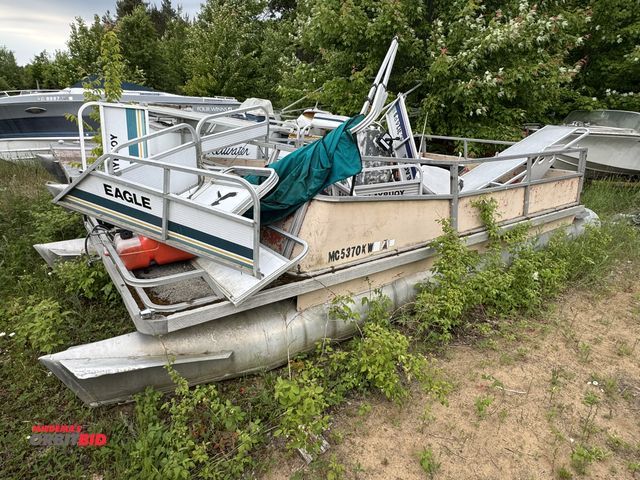 Lot 1-6615 - (1) approx. 16' pontoon boat, Mercury outboard motor, for parts or repair, severe weather damage, Hu...