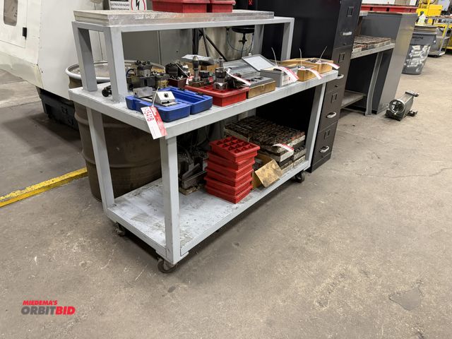 Lot 1-15424 - (1) heavy duty steel 2-tier rolling shop table, approx. 60" x 28" x 47" height.