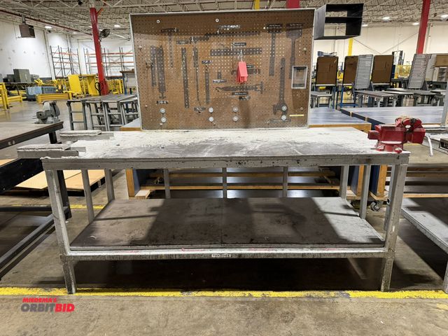Lot 1-5215 - (1) custom built 84.5" length x 37" height x 36" depth heavy duty steel work bench with lower shelf,...