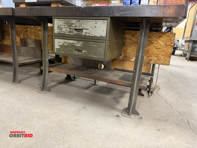 Lot 1-1930 - (1) 60" width x 35.5" height x 32" depth steel framed work bench with 2 drawers, lower wood shelf, a...
