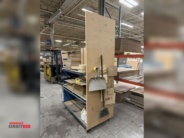 Lot 1-17468 - (1) rolling, steel frame wood cart, 60" length x 30" width x 66" height, with assorted wood products...