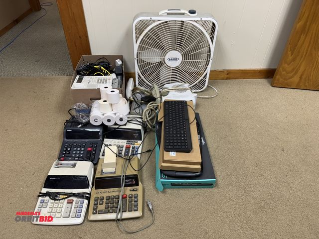 Lot 1-4607 - Lot of assorted office supplies, includes (4) adding machines, telephones, keyboards, fans, small of...