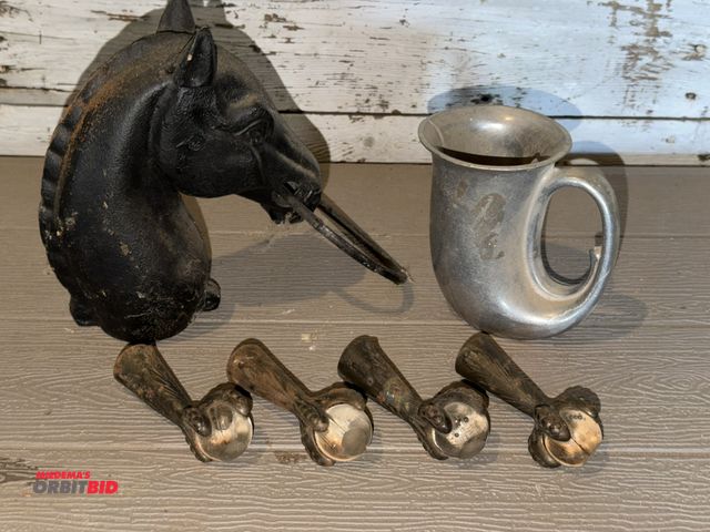 Lot 1-8339 - Lot including (1) cast iron horse sculpture with a pewter mug, and a set of (4) claw foot table/chai...