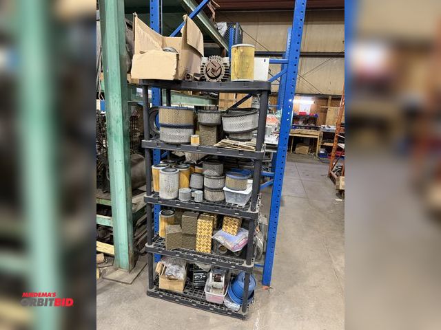 Lot 1-18680 - (1) shelving unit, 36" x 18" x 72", with assorted filters, Atlas Copco filter elements, part #161387...