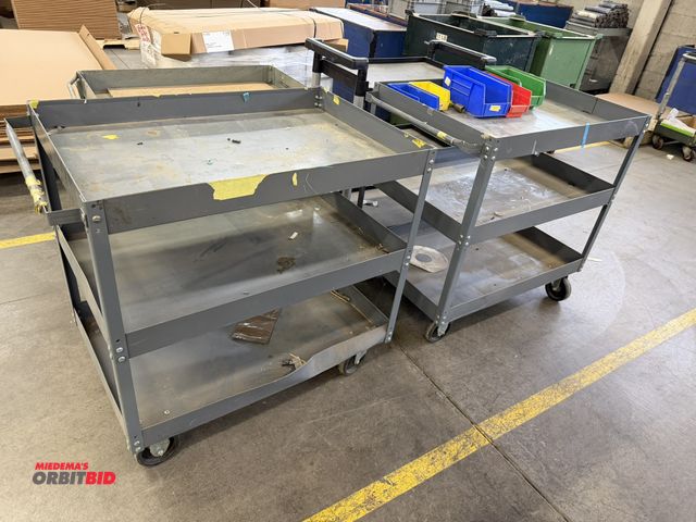 Lot 1-17373 - Lot of various carts, includes (2) 36" length x 35" height x 24" depth 3-tier steel carts, (1) 24" l...