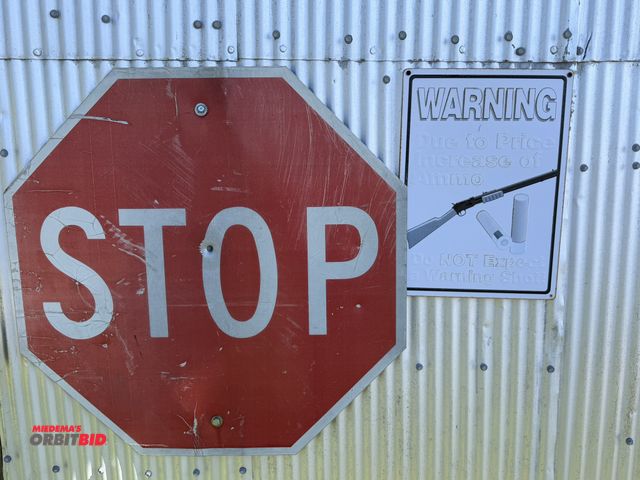 Lot 1-8234 - (1) full sized metal stop sign with bullet hole, and 12" x 17" tin "Warning" sign.