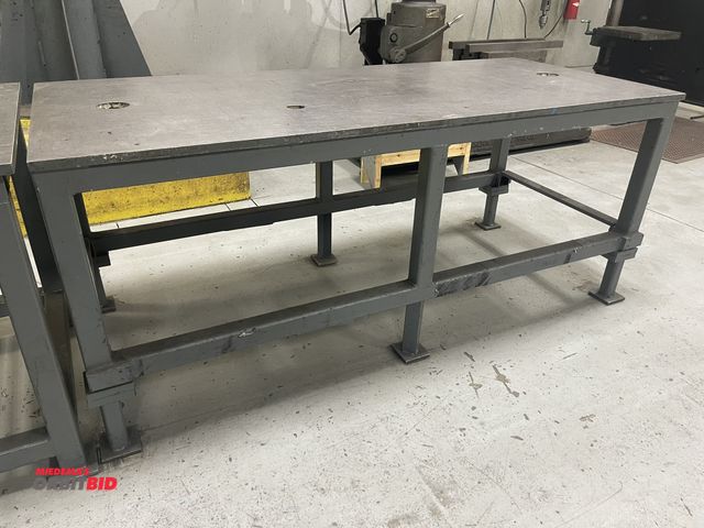 Lot 1-19262 - (1) heavy duty steel shop/welding table, 80" long x approx. 35" x 33 3/4" tall x 1" thick top, has p...