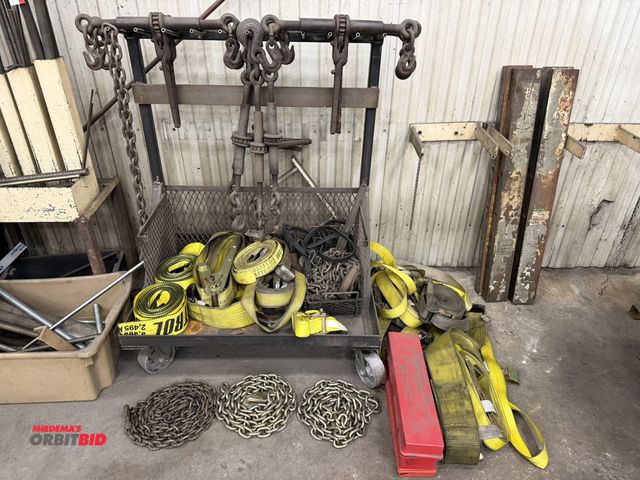 Lot 1-15371 - (1) heavy duty rolling steel cart with (3) 4" heavy duty ratchet straps, includes (9) ratcheting cha...