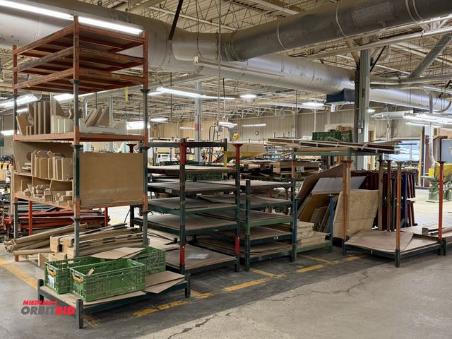 Lot 1-16239 - Lot of approx. (25) 35.5" x 8" height x 48.5" depth stackable steel racks, and (8) 35.5" width x 8.5...