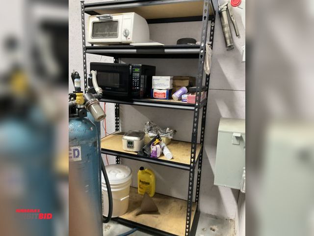Lot 1-12001 - 36“ width x 72“ height x 18“ depth rivet lock shelving unit with contents including (1) Farberware t...