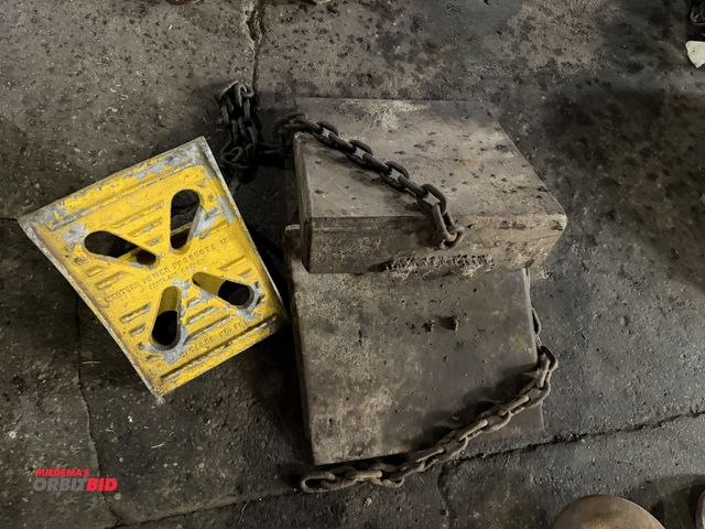 Lot 1-1285 - Lot including (2) 14" x 14" x 4" tall wheel chocks, and (1) Western Power Products, Inc., Cat #NC901...