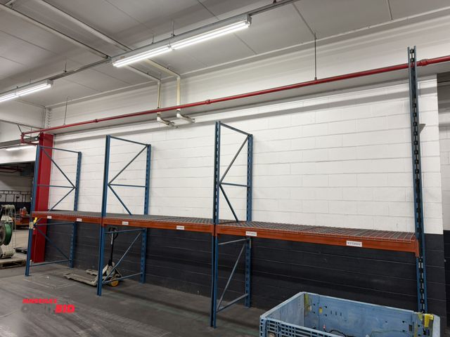 Lot 1-5656 - (3) sections of slot style pallet racking, includes (3) 44" deep x 10' tall uprights, and (6) 98" cr...