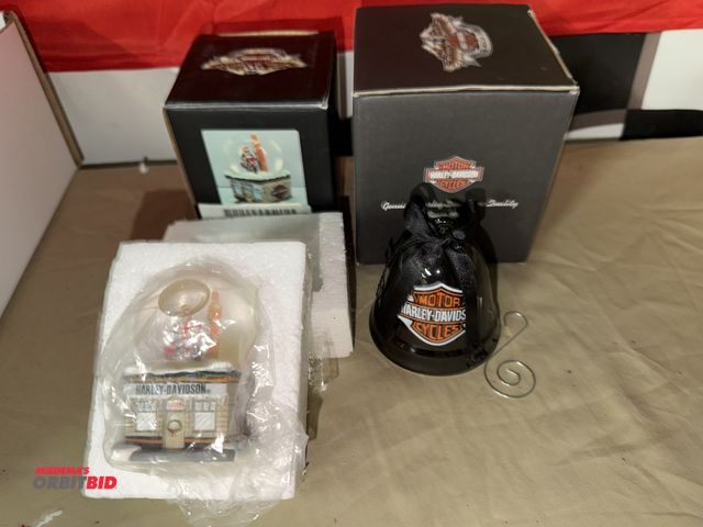 Lot 1-8266 - Lot of collectible Harley Davidson Christmas ornaments, includes (1) snow globe ornament, and (1) Ha...