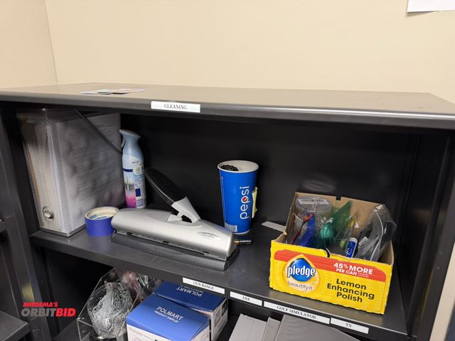 Lot 1-11273 - Lot of (2) metal shelving units, 36" width x 14" depth x 63" height, includes assorted office suppli...