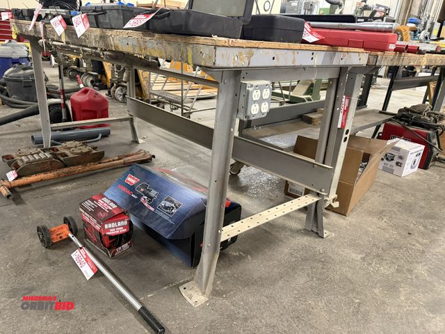 Lot 1-16953 - (1) Lyon steel frame work shop table, 72" x 34", has wired plugs, and air line adapters, does not in...