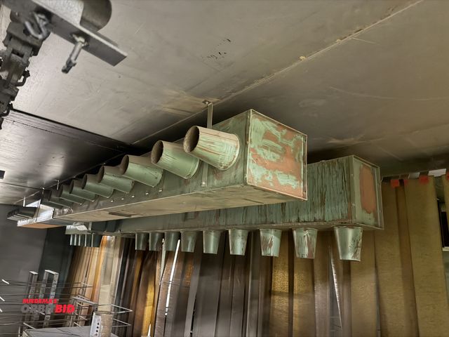 Lot 1-17650 - (1) paint spray booth, approx. 15' length x 60" depth x 8' height, includes (3) Graco Husky 1040 dia...