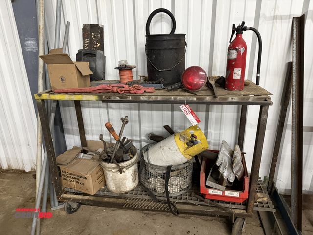 Lot 1-1468 - (1) custom built 58" width x 41.5" height x 20.5" depth steel 2-tier cart with contents, including (...