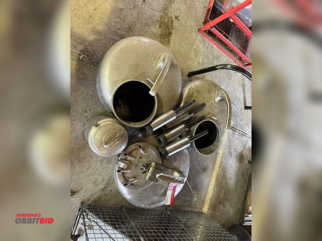 Lot 1-12263 - Lot of (3) stainless steel Surge Milker jugs, 2 may be missing lids.