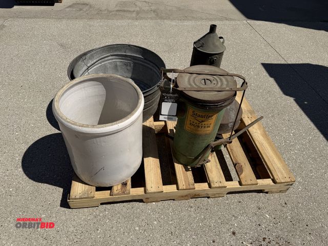 Lot 1-102555 - Lot of Stauffer Knapsack duster, crock, tubs, and more