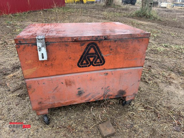 Lot 1-3013 - (1) 48" width x 38" height x 30" depth steel Jobox full of assorted steel and canvas style lift chok...