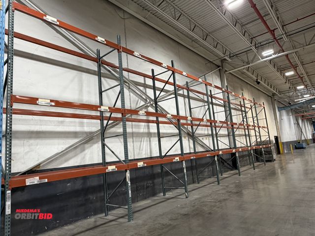 Lot 1-5107 - Lot of Teardrop style pallet racking, includes (8) 14' tall x 42" deep uprights (42) 8' beams, and (...