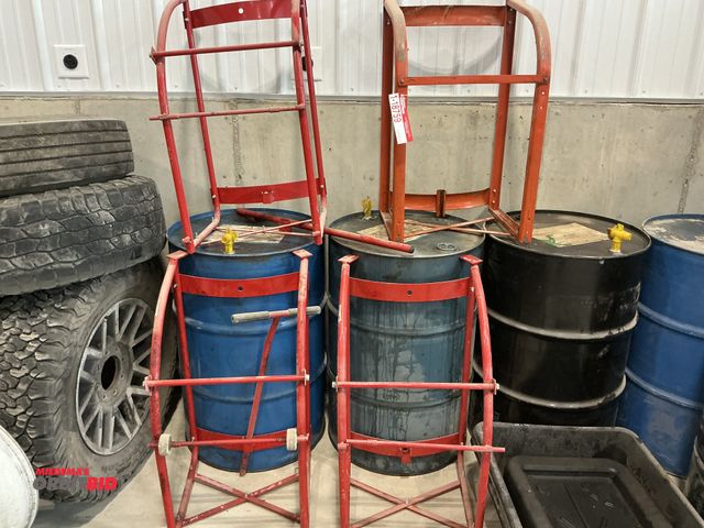 Lot 1-18759 - Lot of (4) assorted barrel carts, some for parts or repair, and (2) oil drain pans, 36" x 24".
