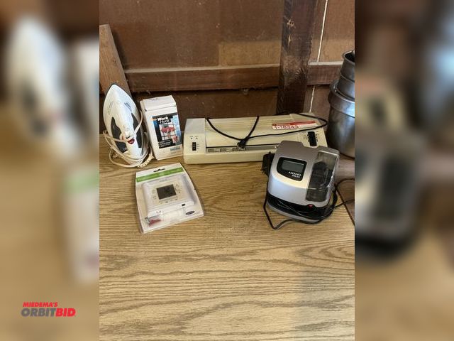 Lot 1-18343 - Royal Sovereign BD-1200 Royal Sovereign Laminator, Amano PIX-55 Time Clock, Carrier thermostat, Iron...