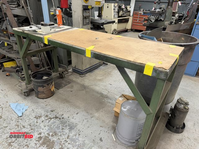 Lot 1-17102 - (1) rolling heavy duty steel shop table with poly top, 6' long x 23" deep x 38" tall.