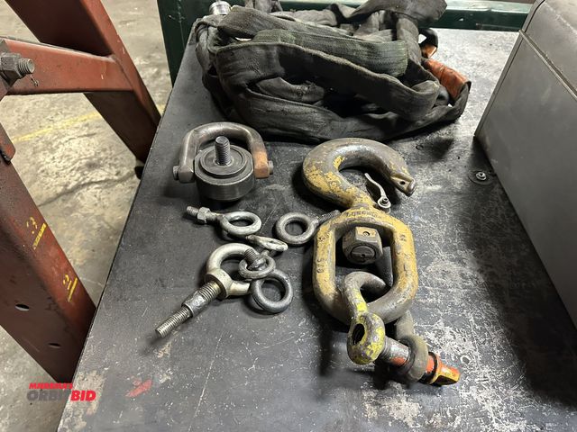 Lot 1-14409 - (1) Crosby WLL-71 heavy duty lift hook, various I-bolts, and lift slings with additional shackle.