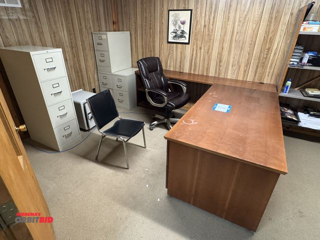 Lot 1-4606 - (1) L-shaped wood desk, 90" x 98", includes (4) file cabinets  (1 is 4-drawer and 3 are 2-drawer), a...