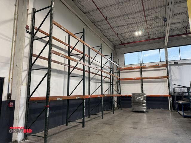 Lot 1-5109 - Lot of Teardrop style pallet racking, includes (8) 16' tall x 42" deep uprights (all with 3" x 3" he...