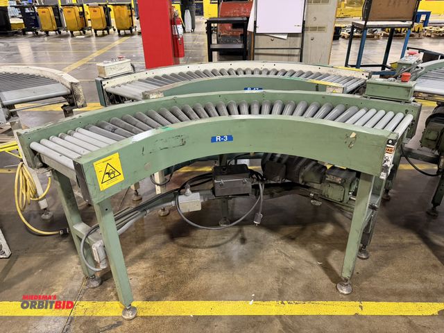 Lot 1-5315 - Set of (2) 15" width x approx. 5' length curved power roller conveyor sections, 3 phase electric mot...
