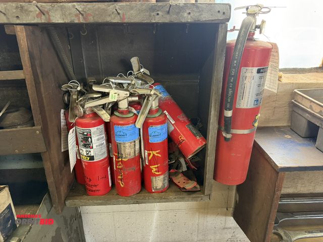 Lot 1-18526 - Lot of (9) assorted fire extinguishers, all are approx. 12" tall.