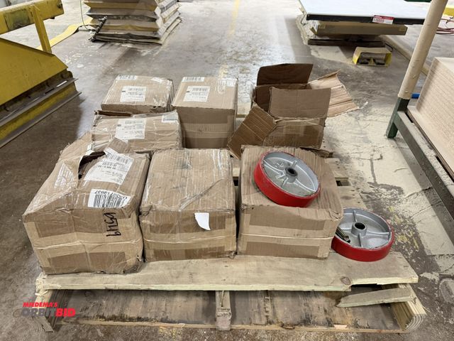 Lot 1-16716 - Lot of (7) boxes of 8 x 2 steel caster wheels with rubber edge, (3 full boxes and 4 partial boxes).